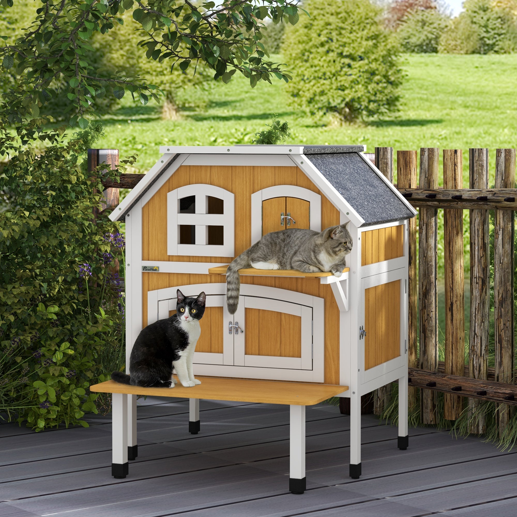 Outdoor Cat Shelter 2 Tiers Wooden Feral Cat House with Openable Asphalt Roof, Escape Doors, Terrace, for 1-2 Cats | PawHut-8